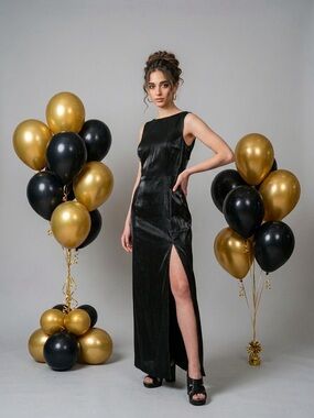 Vintage 90s Black Metallic Crew Neckline Maxi Prom Dress With Slit Rare Medium